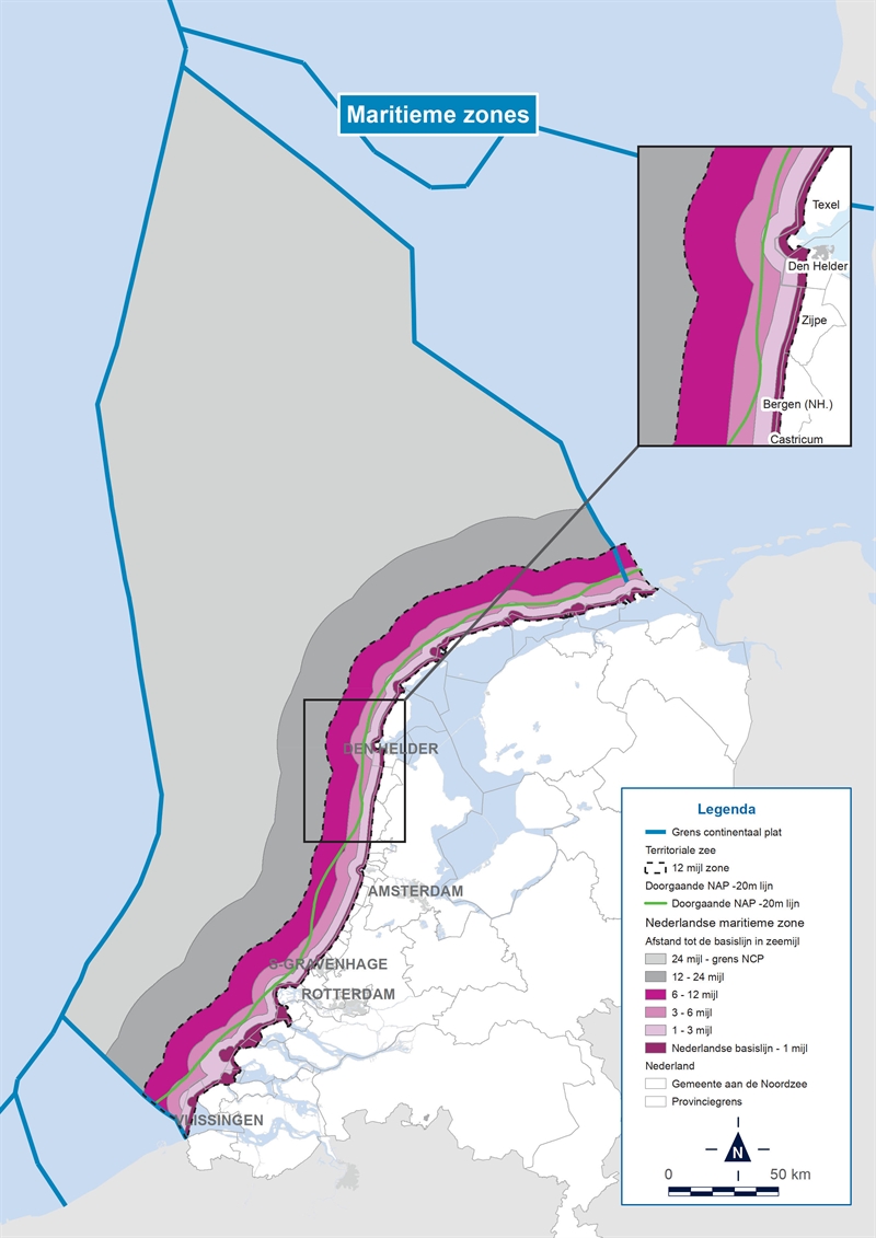 Maritieme zones in de Noordzee. Het lichtgrijze vlak binnen de blauwe lijn geeft de Nederlandse exclusieve economische zone aan.