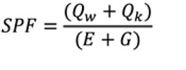 Formule bodemenergie SPF is Qw plus Qk gedeeld door E plus G