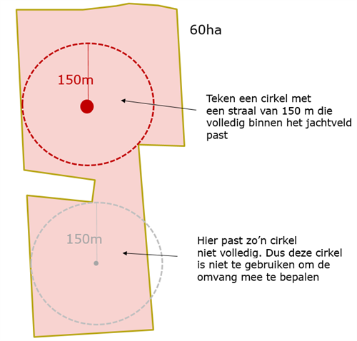 Stap 1: teken een cirkel met een straal van 150 m die volledig binnen het jachtveld past. Op sommige oppervlakken past zo'n cirkel niet volledig. Dan is zo'n cirkel niet te gebruiken om de omvang mee te bepalen.