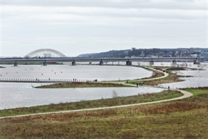 Afbeelding van deels ondergelopen uiterwaarden met in de verte de Waalbrug bij Nijmegen.