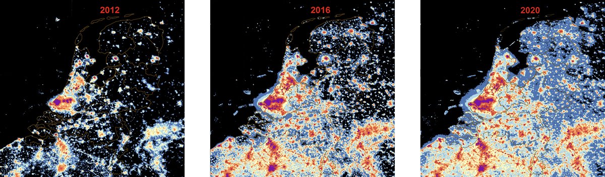 3 kaarten van Nederland met de lichtemissie in 2012, 2016 en 2020. In 2012 stootte vooral de Randstad veel licht uit. In 2016 zie je veel meer licht in heel zuid- en west-Nederland. In 2020 stoot heel Nederland licht uit.