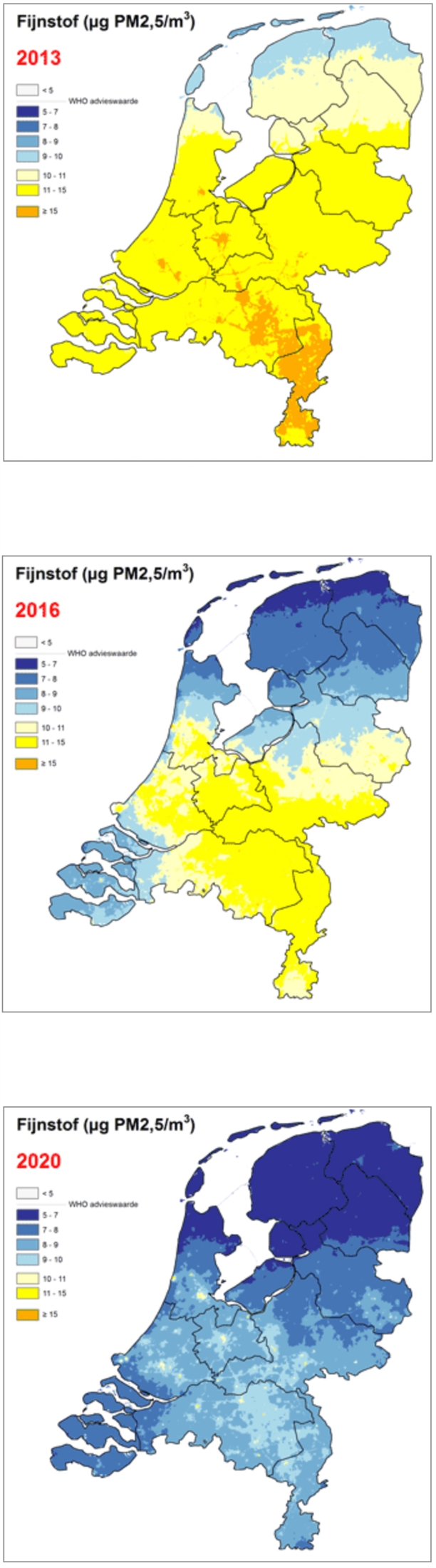 3 kaarten van Nederland waarop de hoeveelheid fijnstof in 2013, 2016 en 2020 te zien is