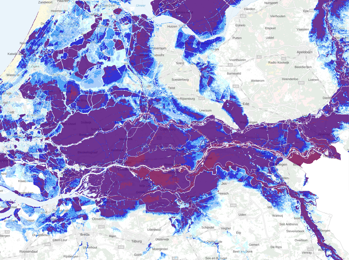 Kaart met uitsnede van midden-Nederland die de maximale waterdiepte toont bij een dijkdoorbraak, met verschillende kleuren variërend van lichtblauw tot paars