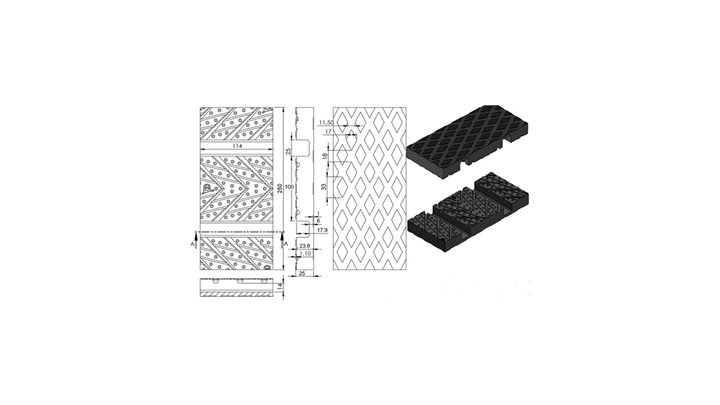 De afbeelding bestaat uit drie tekeningen, een van het profiel van de vloer aan de bovenkant, een van het profiel van de vloer aan de onderkant en een van het profiel van de vloer in zijaanzicht, zoals ook hierboven in de tekst beschreven.