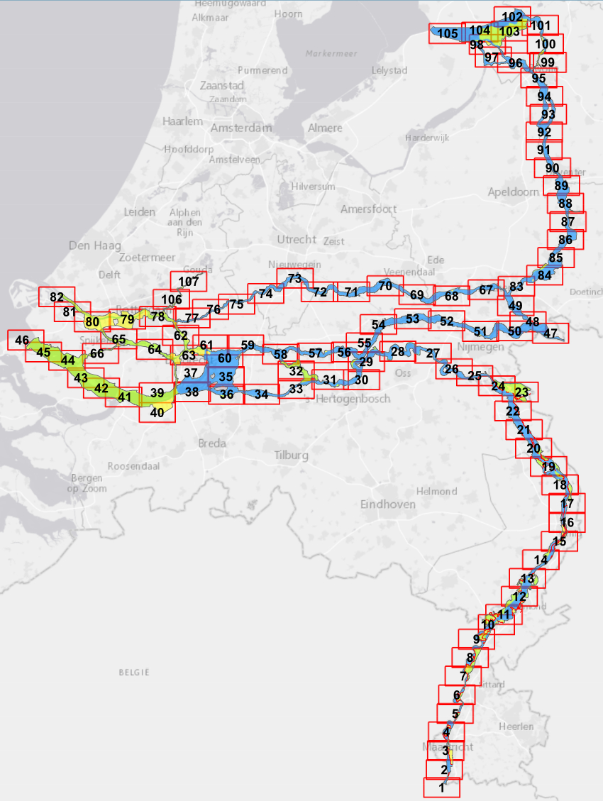 Op deze kaart zijn de grote rivieren van Nederland weergegeven. Hierin staan 105 rechthoekjes met nummers, die de nummers van de kaarten weergeven. Door op de rechthoek te klikken, komt u bij de juiste pdf uit.