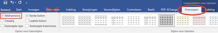 Voorbeeld van tabel opmaken via 'Ontwerpen' in het hoofdmenu