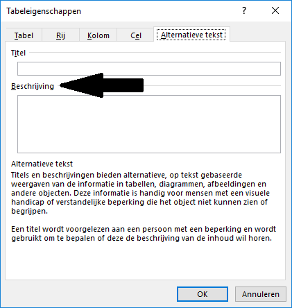 Voorbeeld van invulveld 'Beschrijving' in venster 'Tabeleigenschappen'