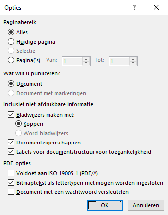 Printscreen van opties in Word bij 'Opslaan als PDF'