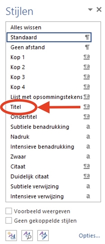 Voorbeeld toont waar kopstijl 'Titel' staat in Word