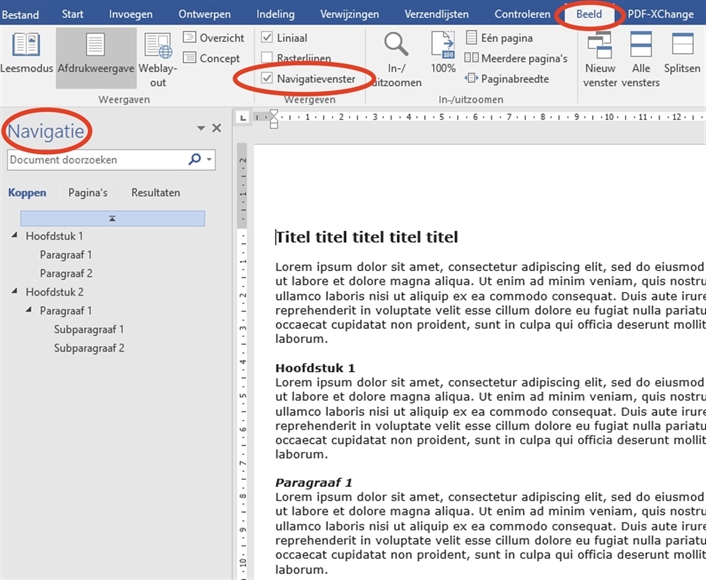 Voorbeeld toont hoe u het navigatievenster opent in Word
