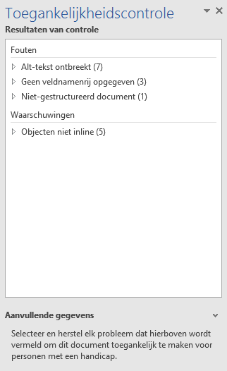 Venster met resultaten toegankelijkheidscontrole in Word