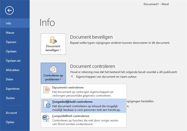 Voorbeeld toont hoe u toegankelijkheidscontrole aanzet in Word