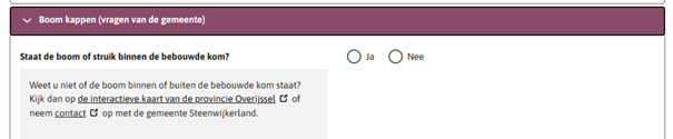 Schermafbeelding van de Vergunningcheck voor 'Boom of beplanting onderhouden of weghalen' van gemeente Steenwijkerland met een verwijzing naar de externe viewer van provincie Overijssel.