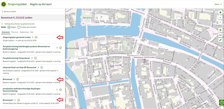 Afbeelding 1: screenshot van het Omgevingsloket, onderdeel Regels op de kaart. Gezocht is op het adres Breestraat 9, 2311 CG Leiden. Met 3 rode pijlen is aangegeven dat er 3 Regels in werking zijn: 1) Omgevingsplan gemeente Leiden 2) Binnenstad bestemmingsplan 3) Binnenstad I bestemmingsplan (gemeentelijk plan artikel 10).