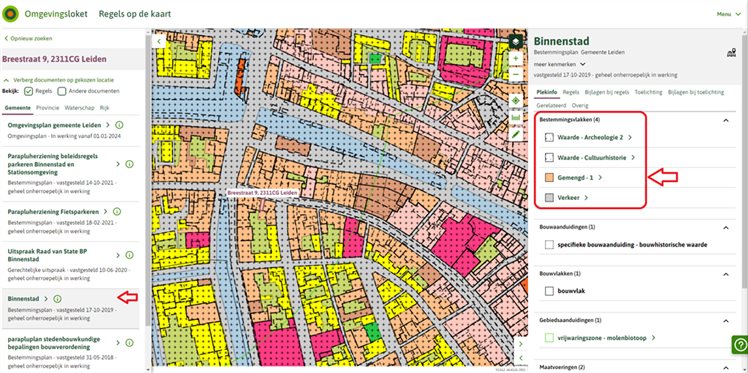 Afbeelding 2: screenshot van het Omgevingsloket, onderdeel Regels op de kaart. Gezocht is op Plekinfo van het adres Breestraat 9, 2311 CG Leiden. Met een rode pijl is aangegeven dat het bestemmingsplan Binnenstad in werking is.