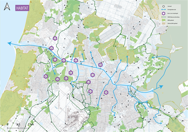 Habitat. De kaart toont een overzicht met locaties voor kansen voor vishabitat langs het Noordzeekanaal en aangrenzende gebieden. Er zijn 13 locaties aangegeven waar er kansen liggen t.a.v. het creëren of beter toegankelijk maken van vishabitat. De beschrijvende tabel van deze kaart is opgenomen in Bijlage 2 van het rapport Habitat en connectiviteit voor vis in Noordzeekanaal en ommelanden.
