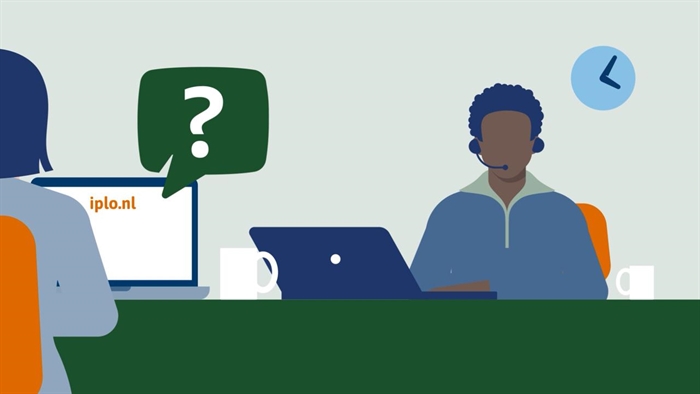 Still van de animatie van het IPLO; in beeld iemand die een vraag stelt en iemand die deze beantwoordt.