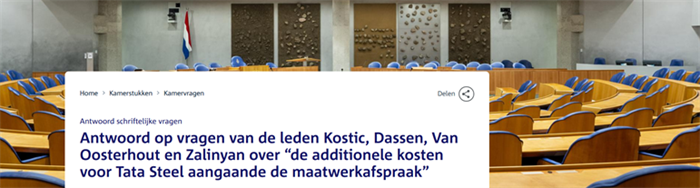 Foto van lege zaal van de tweede kamer met daarin de tekst: antwoord op vragen.