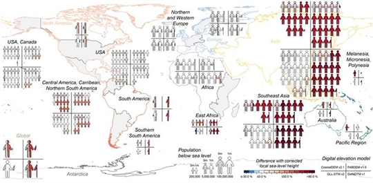 Er is een globale wereldkaart weergegeven met daarop een symbolische weergave van het verschil in bevolking tussen 1 meter relatieve stijging en de eerdere metingen/aannamen. Er zijn poppetjes getekend in 3 verschillende maten. De kleinste staat voor 200.000 personen, de middelste voor 5 miljoen en de grootste voor 100 miljoen mensen. Op de kaart is te zien dat de grootste poppetjes in Azië staan.