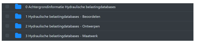 Schermafbeelding van de database met icoontjes van blauwe mapjes genummerd 0 tot en met 4 over hydraulische belastingdatabases (0 Achtergrond informatie, 1 Beoordelen, 2 Ontwerpen en 3 Maatwerk.