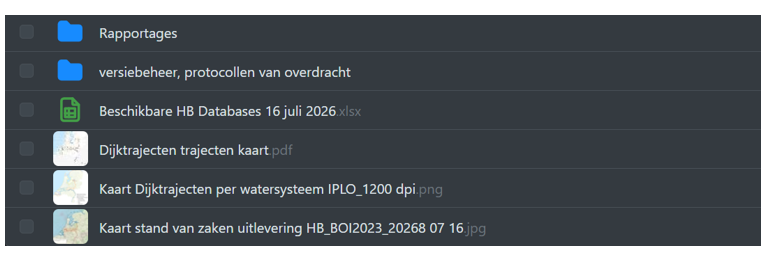 Schermafbeelding van de map 0 met 2 blauwe mapjes Rapportages en versiebeheer, protocollen van overdracht een groen documenticoon Beschikbare HB Databases 16 juli 2026 en 3 kaarticonen Dijktrajecten trajecten kaart, Kaart Dijktrajecten per watersysteem IPLO_1200 dpi,png en Kaart stand van zaken uitlevering HB_BOI2023_20268 07 16.jpg