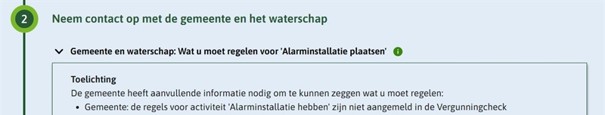 Voorbeeld van tekst in stap 4 Resultaat van de Vergunningcheck met de actie ‘Neem contact op met de gemeente en het waterschap’.