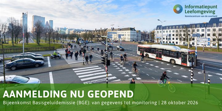 Decoratieve header met IPLO-logo en tekst: Aanmelding nu geopend - Bijeenkomst Basisgeluidemissie (BGE): van gegevens tot monitoring | 28 oktober 2026